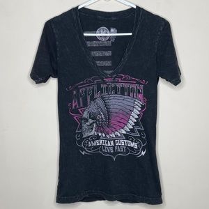 Affliction American Customs V-Neck Shirt Black Short Sleeve Women’s Medium